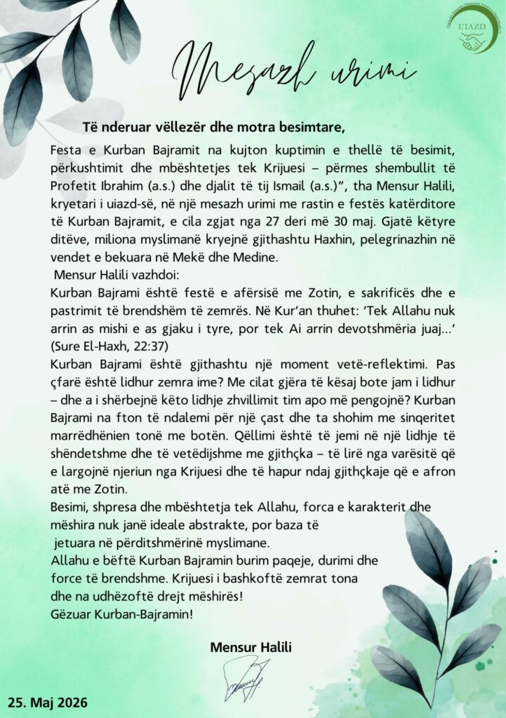 Urimi i Kryetarit të UIAZD-it me rastin e festës së Kurban Bajramit