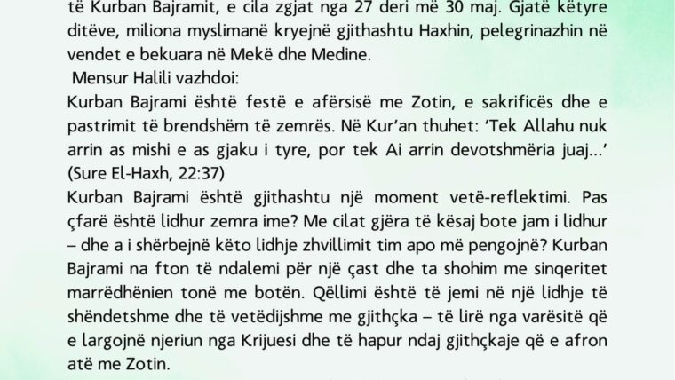 Urimi i Kryetarit të UIAZD-it me rastin e festës së Kurban Bajramit